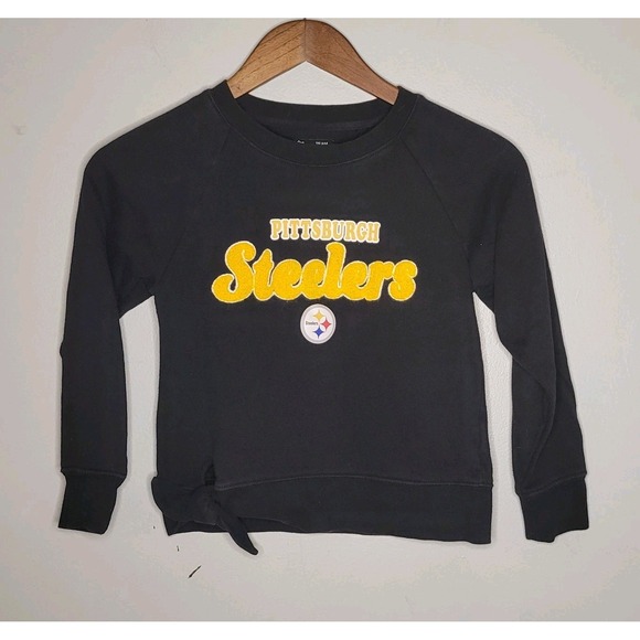 PITTSBURGH STEELERS Sweatshirt Crewneck Black Chenille Logo NFL Kids size S 7/8 - Picture 1 of 11